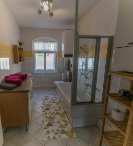 een badkamer met een douche, een bad en een wastafel bij Ferienwohnungen Endler in Bad Schandau