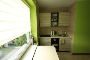 a small kitchen with a sink and a window at U ELŻBIETY in Łeba