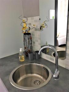ein Waschbecken in einer Küche mit einem Spiegel in der Unterkunft La Belle Verte in Pornic
