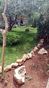a garden with rocks and a tree and grass at Apartment Rušnjak in Novigrad Istria