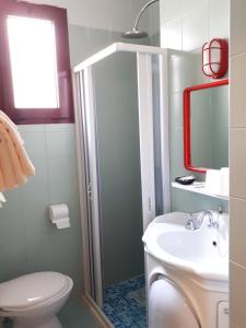 a bathroom with a shower and a toilet and a sink at Hotel Villa Dina in Lido di Jesolo