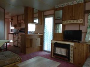 a living room with a fireplace and a kitchen at Mobilheim Vyhlídka Camp Výrovice in Výrovice