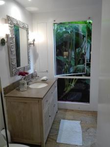 a bathroom with a sink and a large window at Candelaria House Boutique in Bogotá