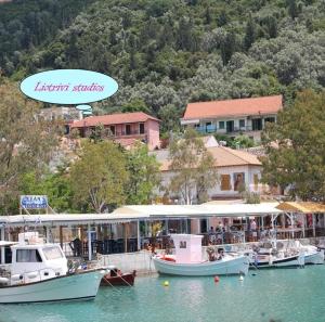 a group of boats docked in the water near a resort at Liotrivi Studios in Vasiliki