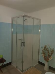 cabina de ducha de cristal en una habitación con jarrón en Casa "La Huerta" DE RODA DE ISABENA, en Roda de Isábena