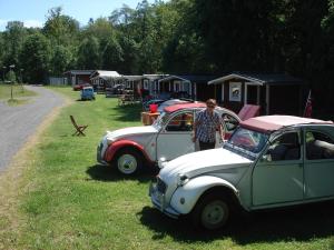 deux vieilles voitures garées sur le côté d'une route dans l'établissement Torne Camping - Kano & Fiskecamp, à Grimslöv