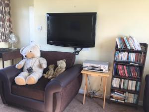 a teddy bear sitting on a couch with a tv at Moorings in Fairbourne