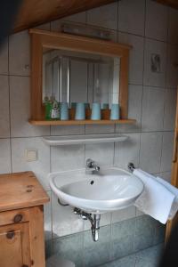 un bagno con un lavandino bianco e uno specchio di Ferienwohnung Grubinger a Unterach am Attersee