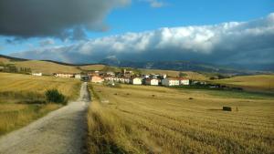 a dirt road in a field with houses in the background at Rincón de Altikarra in Undiano