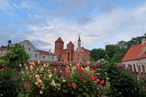 an old castle with a bunch of flowers in front of it at Apartamenty w Kamienicy in Reszel