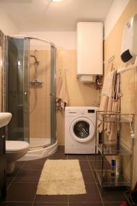 łazienka z pralką i prysznicem w obiekcie Apartament AMS B7 w Rewalu