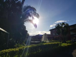 una palmera y una casa con el sol en el cielo en Gran Hotel De Lago - Lago Agrio, en Nueva Loja
