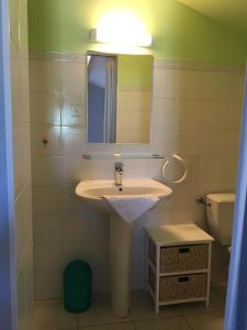uma casa de banho com um lavatório, um espelho e um WC. em Résidence Fior di Rena em Saint-Florent