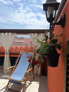 Casa del Sole IUN 5351 في كارلوفورتي: كرسي على شرفة مع نبات الفخار