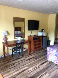 een hotelkamer met een bureau, een televisie en een bed bij Americas Best Value Inn - Jonesville in Jonesville
