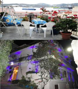 dos fotos de un edificio con mesa y sillas en Apergis Rooms, en Ermoupoli