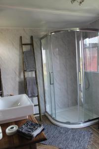 ein Badezimmer mit Dusche und Waschbecken in der Unterkunft Off the Rails in Oswestry