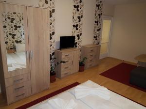 a living room with a bed and a tv at Coral Apartman in Pécs