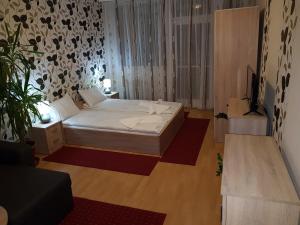 een slaapkamer met een bed en een tv. bij Coral Apartman in Pécs