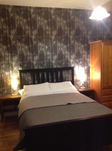 ein Schlafzimmer mit einem Bett und einer Tapetenwand in der Unterkunft Les Hautes Loignieres in Pré-en-Pail