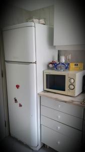 a kitchen with a white refrigerator and a microwave at Apartamento Lisboa-Alameda in Lisbon
