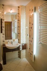 een badkamer met een wastafel, een spiegel en een douche bij Apartament 6 Cappucino Pod Aniołem in Kazimierz Dolny