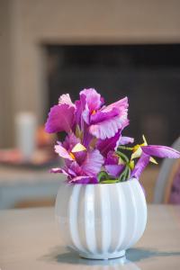 スタロスにあるSkandalakis Homes & Apartmentsの紫の花が咲き誇る白い花瓶