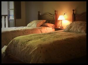 2 camas en un dormitorio con una lámpara en una mesa en La Prestosa, en Arriondas