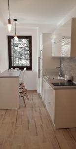 uma cozinha com armários brancos e piso em madeira em Zlatibor Wood em Zlatibor