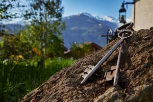 a pair of scissors sitting on top of a rock at B&B La Forge de Diogne in Crans-Montana