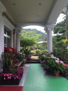 a house with a green floor and flowers on it at Yu Ho Yuan Lesiure Homestay in Nanzhuang