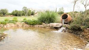 a garden with a pond with a water fountain at Quinta dos Poetas Nature Hotel & Apartments in Olhão