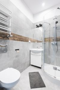 グディニャにあるMieszkanie w Ścisłym Centrum Gdyniのバスルーム(シャワー、トイレ、シンク付)