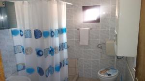 bagno con tenda per la doccia e servizi igienici di Almir Apartman a Sarajevo