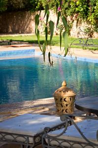 un jarrón sentado en una mesa junto a un charco de agua en Ryad de Vignes " Le Val d'Argan ", en Ounara