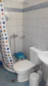 een badkamer met een wit toilet en een wastafel bij Studios Elpida in Tiros