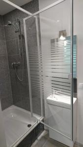 モンシャウにあるTradition Monschau 3のバスルーム(シャワー、トイレ、ガラス張りのシャワー室付)が備わります。