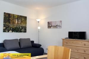 a living room with a blue couch and a painting on the wall at Haus Seeruhe - direkt am Grundlsee in Grundlsee