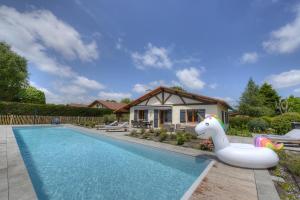 una casa con una piscina con un caballo inflable en La Maison Aquitaine, en Vielle-Saint-Girons