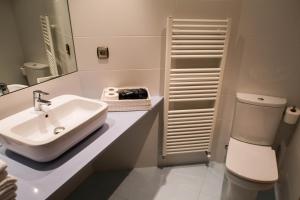 a bathroom with a sink and a toilet and a mirror at Casa de la Cadena in Asiáin