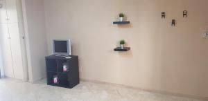 a white wall with a tv and plants on it at New House Napoli parcheggio gratis in Naples
