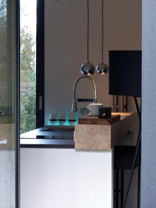 a kitchen with a sink and a counter top at Die Hütten Appartements in Poseritz