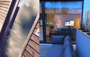 two images of a living room with a blue couch at Die Hütten Appartements in Poseritz