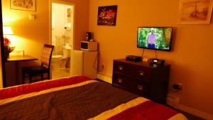 Dormitorio con cama y tocador con TV en The White Horse Motel, en Charlottetown