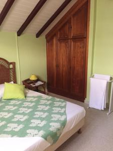 a bedroom with a bed and a wooden cabinet at La Colombine in Sainte-Anne