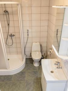 uma casa de banho com um WC, um chuveiro e um lavatório. em Studio 59 em Kaunas