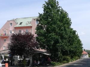 ヘーヴィーズにあるNiki Apartmanのピンクの建物の前に大木2本