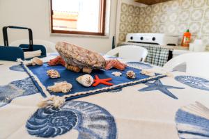 una mesa con conchas de mar y otros artículos en ella en Casa Duran en Marettimo