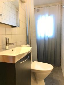 uma casa de banho com um WC, um lavatório e um chuveiro em Vasa Ski Lodge em Mora