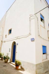 a white building with a blue door and potted plants at Casa Duran in Marettimo